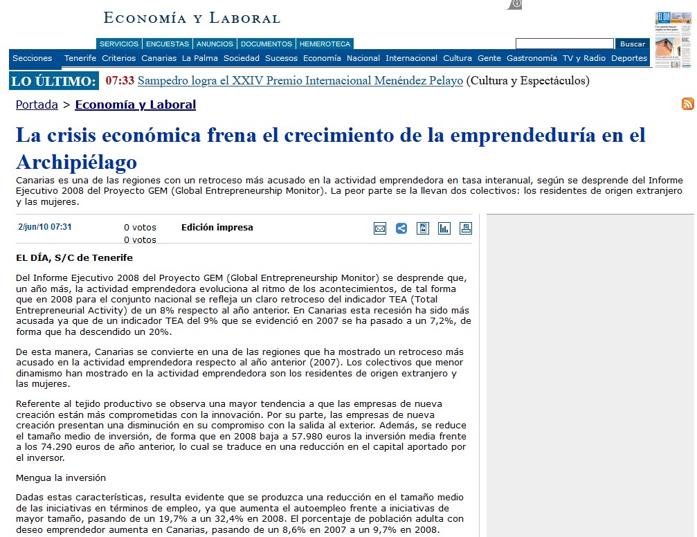 Titular del diario El Día en 2010: la crisis económica frena el crecimiento de la emprendeduría en Canarias, según el Informe GEM 2008