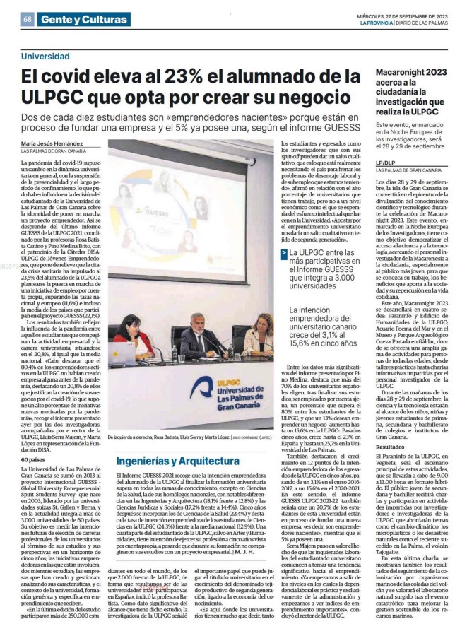 Estudiantes y profesorado de la ULPGC presentan los resultados del informe GUESSS 2023 sobre emprendimiento universitario tras la pandemia