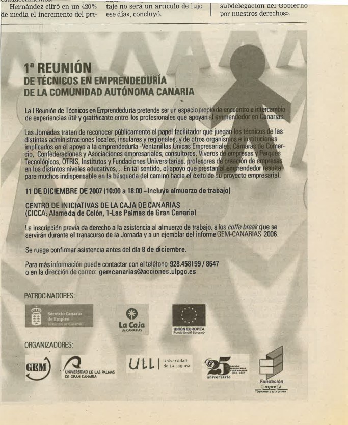 Cartel de la primera reunión de técnicos en emprendeduría de Canarias celebrada en el CICCA el 11 de diciembre de 2007